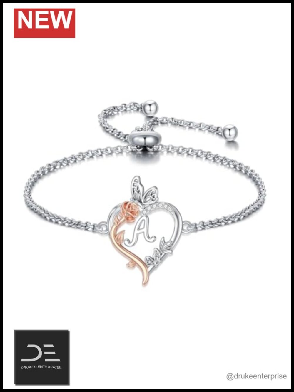 925 Sterling Silver Rose Heart Initial Link Bracelet Butterfly